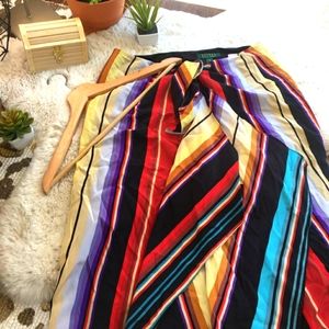NWOT - 100% Silk, Ralph Lauren Striped A-Line Skirt with Tie Knot